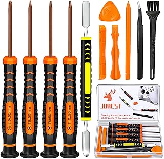 JOREST Kit Demontage PS4 PS3 PS5 Xbox one/360, 11pcs Kit Nettoyage, Outil Reparation pour Manette et Console, avec Tournevis Torx T6 T8 T10 et PH0, Pieds Biche, Pinces à épiler, Brosse
