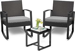 Bealife Ensemble Salon de Jardin 3 pièces avec 2 Fauteuils à Bascule et Table Basse – Chaises en Poly Rotin avec Coussins Mobilier de Jardin pour Amenagement Balcon Terrasse - Gris