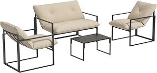 Outsunny Salon de Jardin extérieur 4 pièces pour 4 Personnes avec canapé 2 Places, 2 fauteuils et 1 Table Basse 3 Coussins mobilier de Jardin pour terrasse Jardin - Acier Noir Polyester Beige