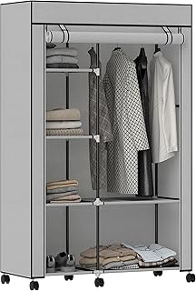 HOMCOM Armoire penderie en Tissu Meuble de Rangement Mobile 6 roulettes avec Tringle à vêtements et étagères Ouvertes penderie vêtement Dressing Roulant pour Chambre à Coucher 103x43x162,5cm Gris