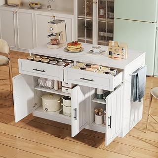Ilot Central Cuisine 120x60x91cm,Meuble Cuisine Rangement,Buffet avec Plan de Travail,2 Tiroirs,Armoires,étagères Réglables,Porte-Serviettes,pour Appartement (Blanc)