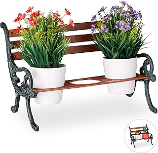 Relaxdays Banc, Fonte et Bois, Support de Plantes pour Pots à Fleurs, différentes Dimensions, Brun/Gris-Vert, Marron, 3 Halter