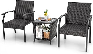 GIANTEX Ensemble de meubles de jardin en rotin résistant aux intempéries - Petit balcon - 2 chaises avec table - Meubles de balcon pour 2 personnes - Salon de jardin - Siège rembourré