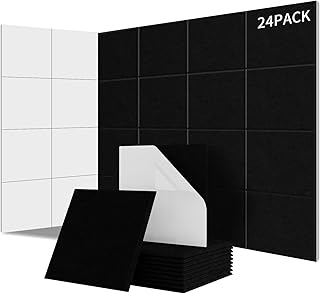 Lot de 24 panneaux acoustiques carrés autocollants I Isolation phonique efficace Couverture 2.16㎡ haute densité (230kg/m³) NRC 0.95 –Pour murs et portes,salle de jeux, Noir