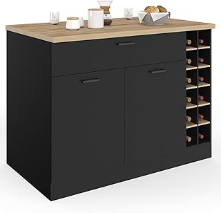 IDMarket - Ilot Central George avec Range-Bouteilles Placard et tiroir Bois Noir avec Plan de Travail façon hêtre
