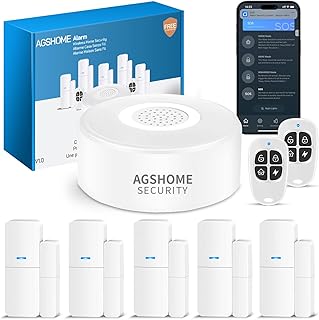 AGSHOME Alarme Maison sans Fil Intelligent WiFi - Alarme de Porte, 1 Alarme avec Sirène, 5 Capteurs de Fenêtre et de Porte, 2 Télécommande, Compatible avec Alexa, Google Assistant