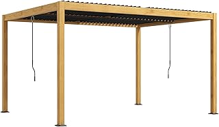 Outsunny Pergola bioclimatique en Aluminium 3 x 4 m pergola Jardin extérieur avec Lames orientables manivelle, Style Contemporain - Noir et Naturel Effet Grain de Bois