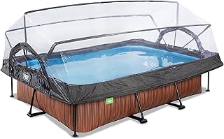EXIT TOYS Piscine en Bois avec Couvercle Multifonctionnel - 300x200x65cm - Piscine Rectangulaire à Cadre Compact avec Pompe à Filtre à Cartouche - pour Une Eau de Piscine Propre et Chaude - Marron