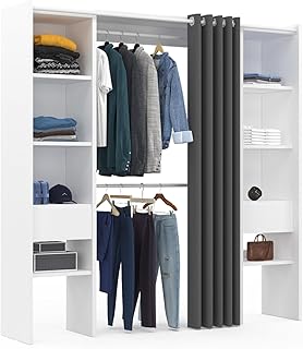 IDMarket - Dressing extensible double MERYL 120/180 x 50 x 180 cm blanc avec étagères + double penderie + rideau gris