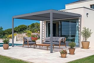 CAZEBOO Pergola Bioclimatique 4x3m Adossée Piana – Aluminium Gris avec Lames Orientables Acier – Tonnelle de Jardin Abri Terrasse – Résistante Vent – Protection Soleil Pluie – Montage Facile Durable