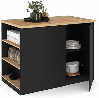 IDMarket - Ilot central TIBO 120 cm bois noir avec plan de travail façon hêtre