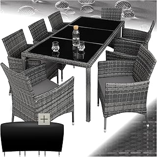 TecTake® Salon de Jardin Extérieur en Poly Rotin - Table, 8 Fauteuils Confortables, Housse de Protection - Mobilier pour Aménagement Balcon Terrasse - Gris Tacheté/Gris