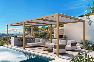PURPLE LEAF Pergola Bioclimatique en Effet Bois Aluminium 3,5 x 8,5 m, Tonnelle de Jardin Extérieur Imperméable avec Lames Orientables, Pergola pour Terrasse, Jardin et Carport, Boisé
