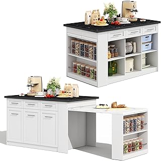 Îlots de Rangement Fixes avec Table à Rallonge Dissimulée, Plan de Travail en Bois Marbré, Îlot Central Cuisine avec Armoires de Rangement Intégrées, 6 Tiroirs, 96cm Table Extensible (Blanc+Noir)
