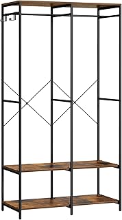 SONGMICS Armoire Vêtements Portable, Penderie Métal Pliable, Étagères de Rangement avec Tringle, Crochet Amovible, 40 x 94,5 x 180 cm, Marron Rustique RGR004B01